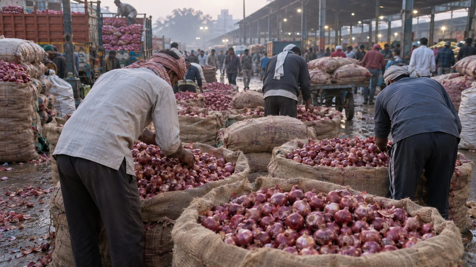 Vendors sort red onions at Delhi's Azadpur wholesale market before sunrise. (AI-generated image / EconoTimes)