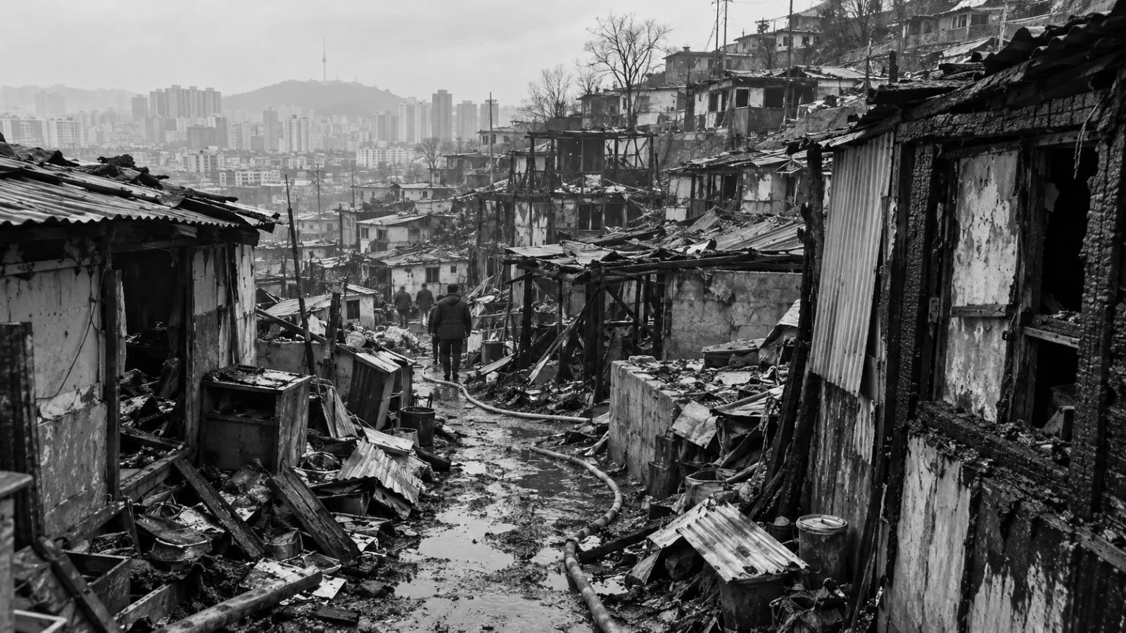 Fire-damaged makeshift homes line a narrow lane in Guryong Village, Seoul, after an overnight blaze. (AI-generated image / EconoTimes)