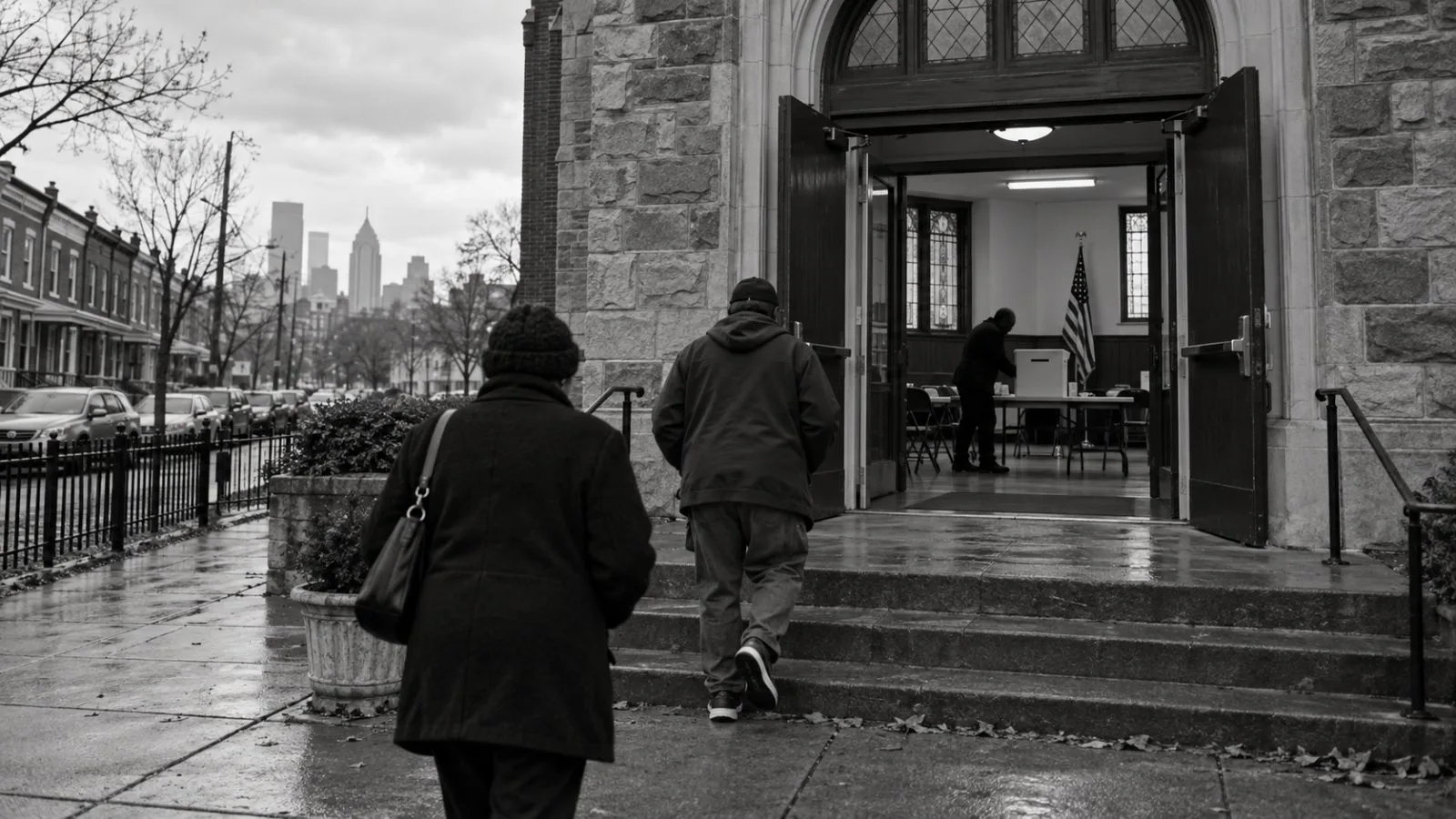 Voters approach a neighborhood polling place in Philadelphia, Pennsylvania, on an overcast morning. (AI-generated image / EconoTimes)