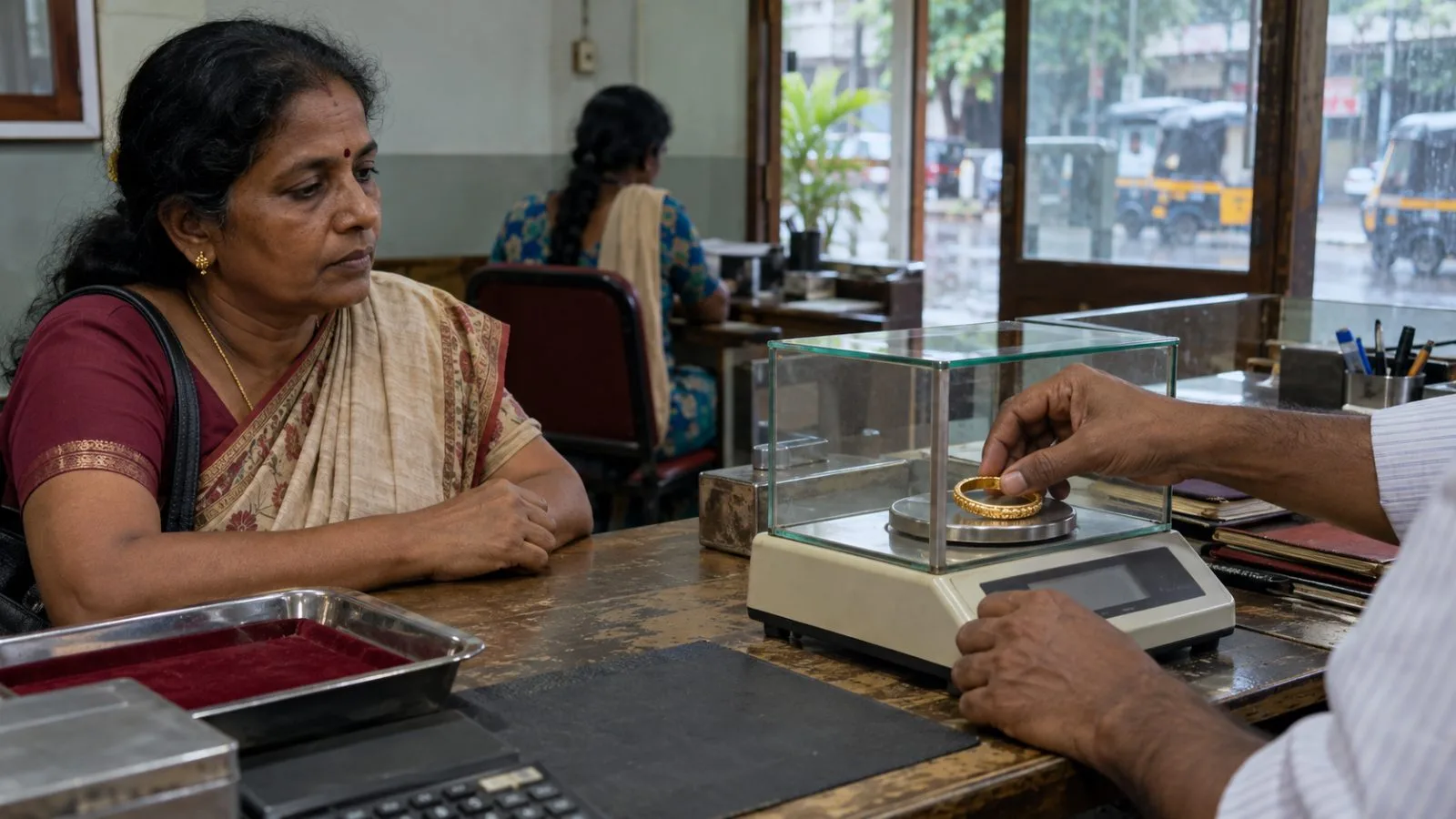 A clerk weighs a gold bangle at a lending counter in Kochi, India. (AI-generated image / EconoTimes)