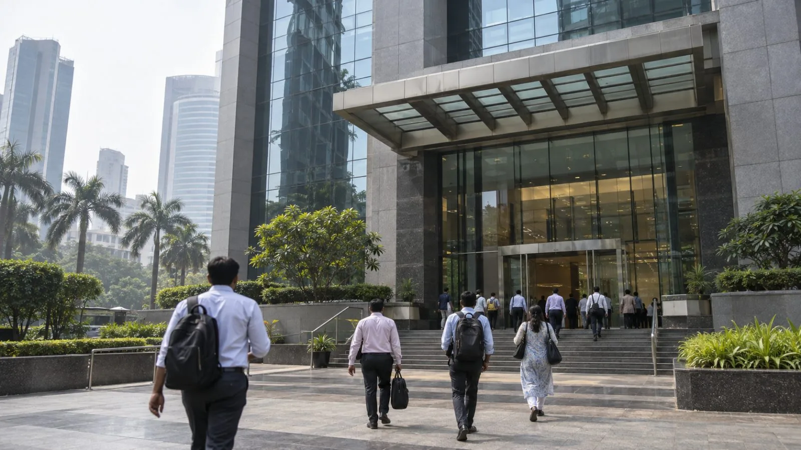 Visitors pass the National Stock Exchange building in Mumbai, India. (AI-generated image / EconoTimes)