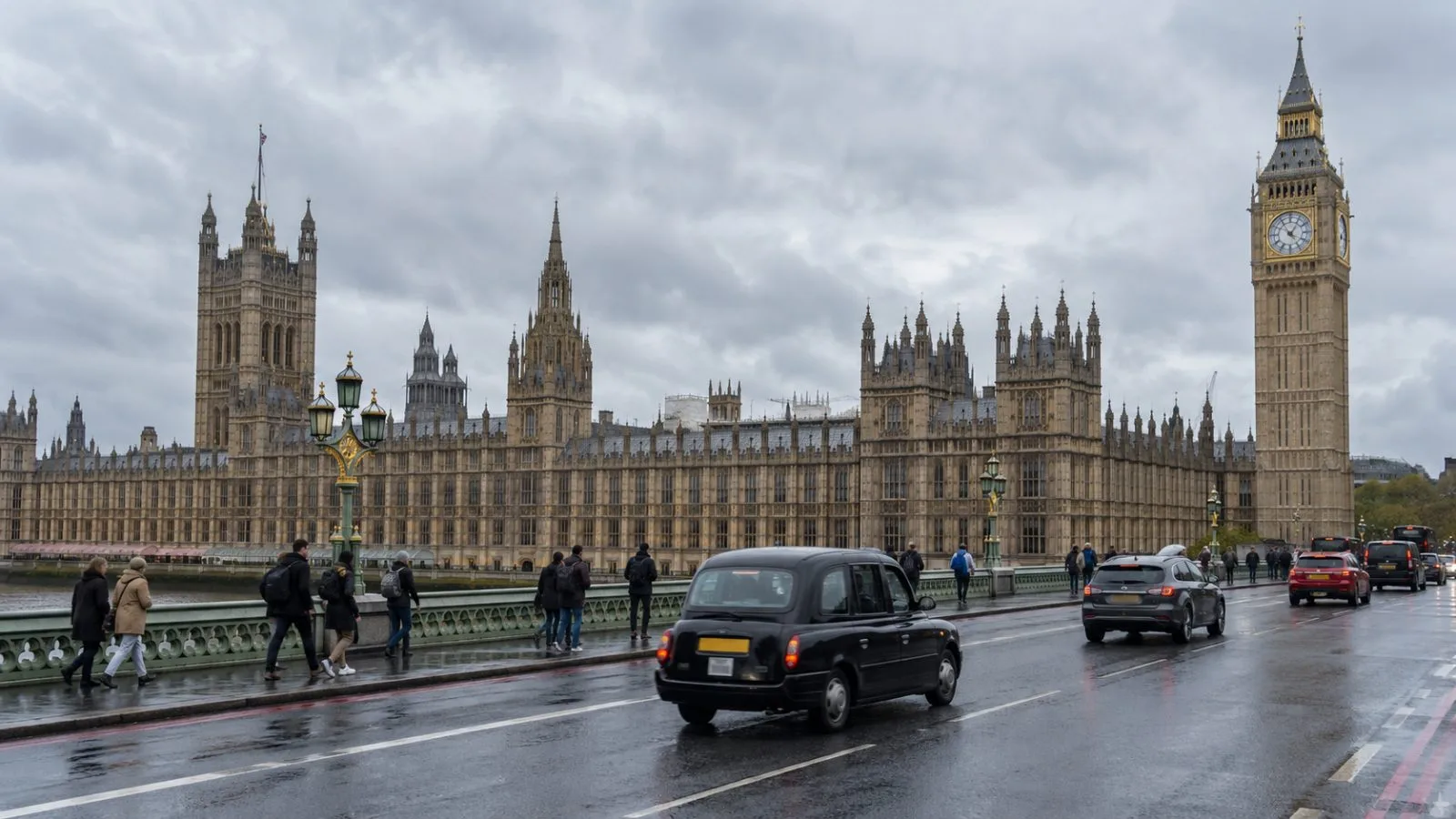 Traffic and pedestrians pass the House of Commons in Westminster, London, on an overcast morning. (AI-generated image / EconoTimes)