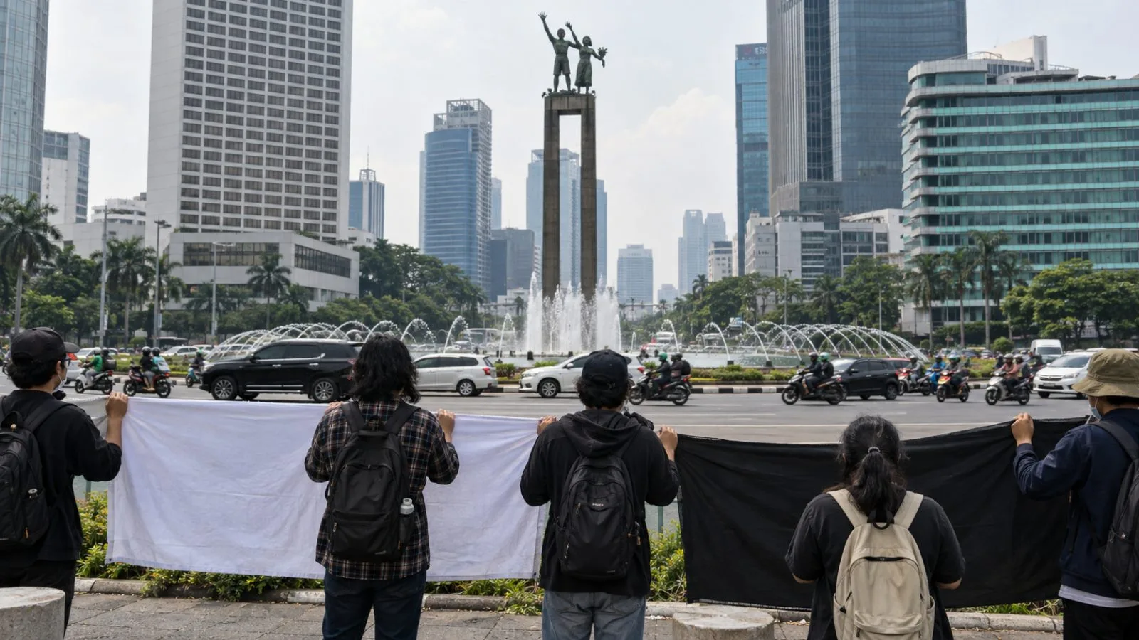 Activists hold banners at Jakarta’s Hotel Indonesia Roundabout under a hazy sky. (AI-generated image / EconoTimes)