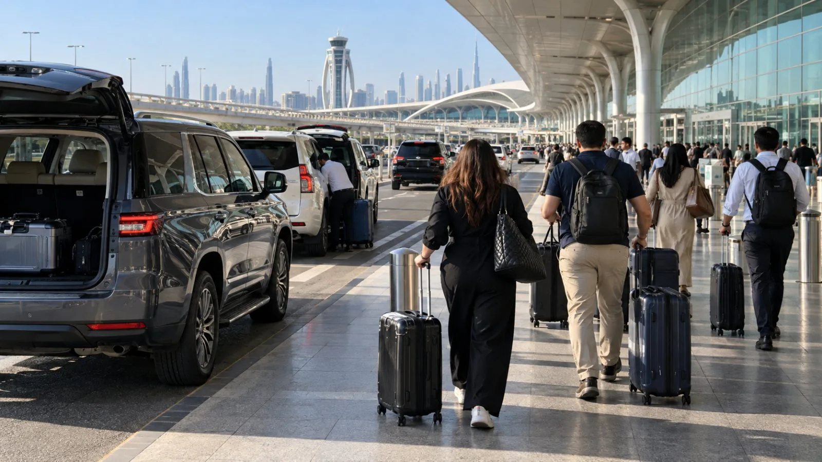 Rental vehicles wait outside an arrivals terminal as travelers leave Dubai International Airport, United Arab Emirates. (AI-generated image / EconoTimes)