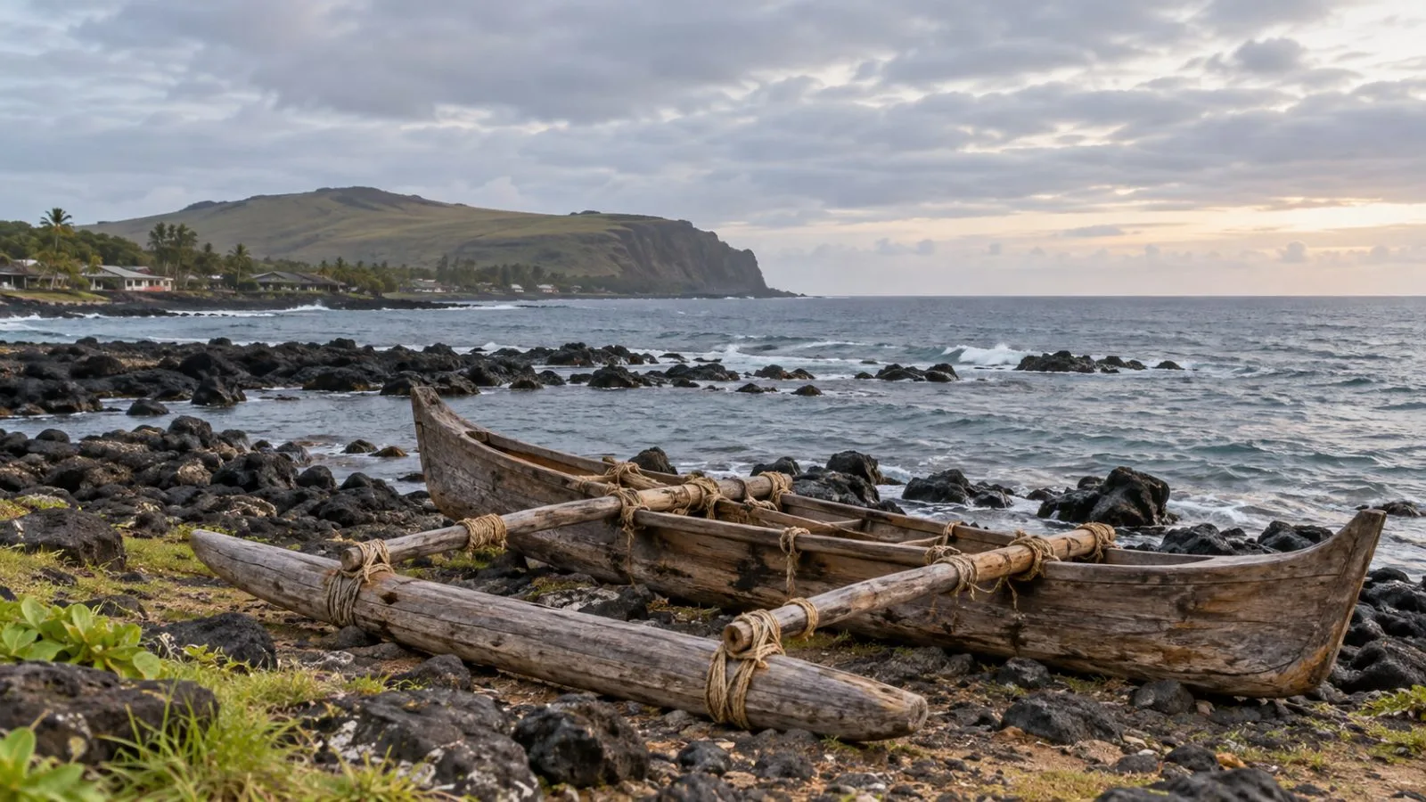 A traditional voyaging canoe rests beside the Pacific shore in Hanga Roa, Rapa Nui. (AI-generated image / EconoTimes)