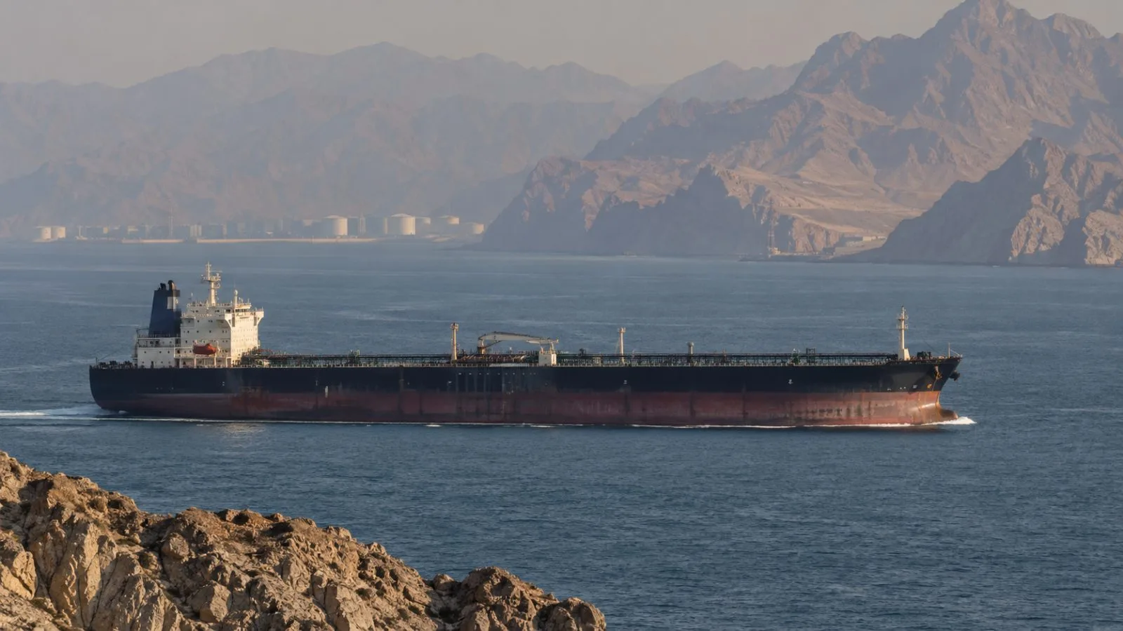 An oil tanker moves through the Strait of Hormuz near Bandar Abbas, Iran. (AI-generated image / EconoTimes)