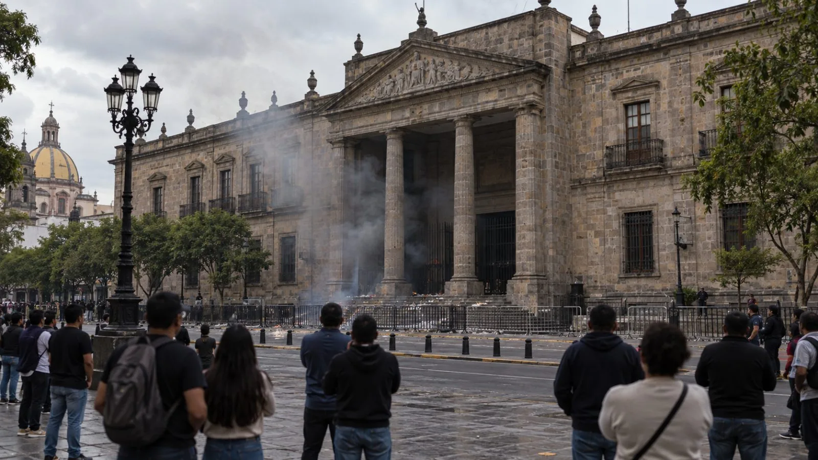 Smoke rises outside the Jalisco state legislature in Guadalajara as bystanders watch from nearby. (AI-generated image / EconoTimes)