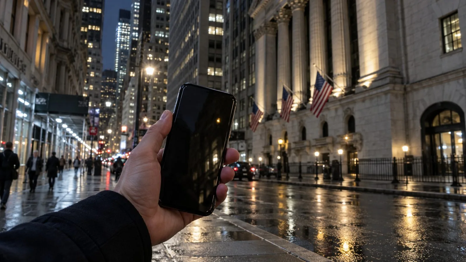 An anonymous hand holds a smartphone on a Manhattan financial-district sidewalk in New York City. (AI-generated image / EconoTimes)