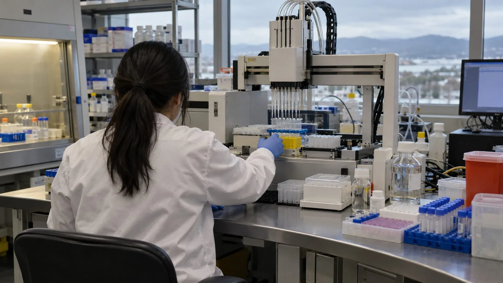 A laboratory technician tends a robotic pipetting instrument at a biotechnology lab in South San Francisco, California. (AI-generated image / EconoTimes)