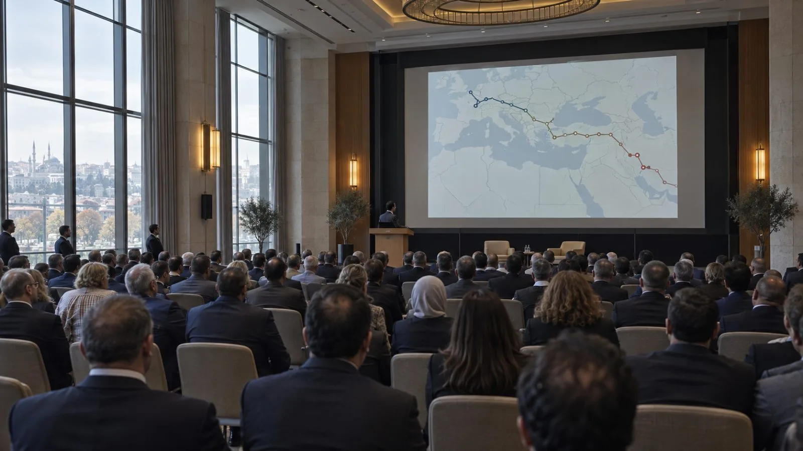 Attendees face a lectern during a transport infrastructure conference in Ankara, Türkiye. (AI-generated image / EconoTimes)
