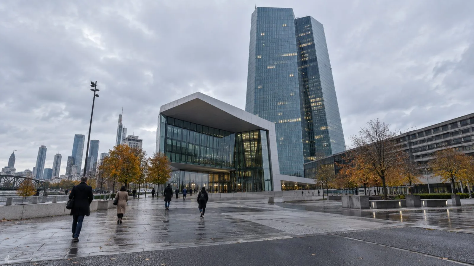 Commuters cross the plaza outside the European Central Bank in Frankfurt on a cloudy morning (AI-generated image / EconoTimes)