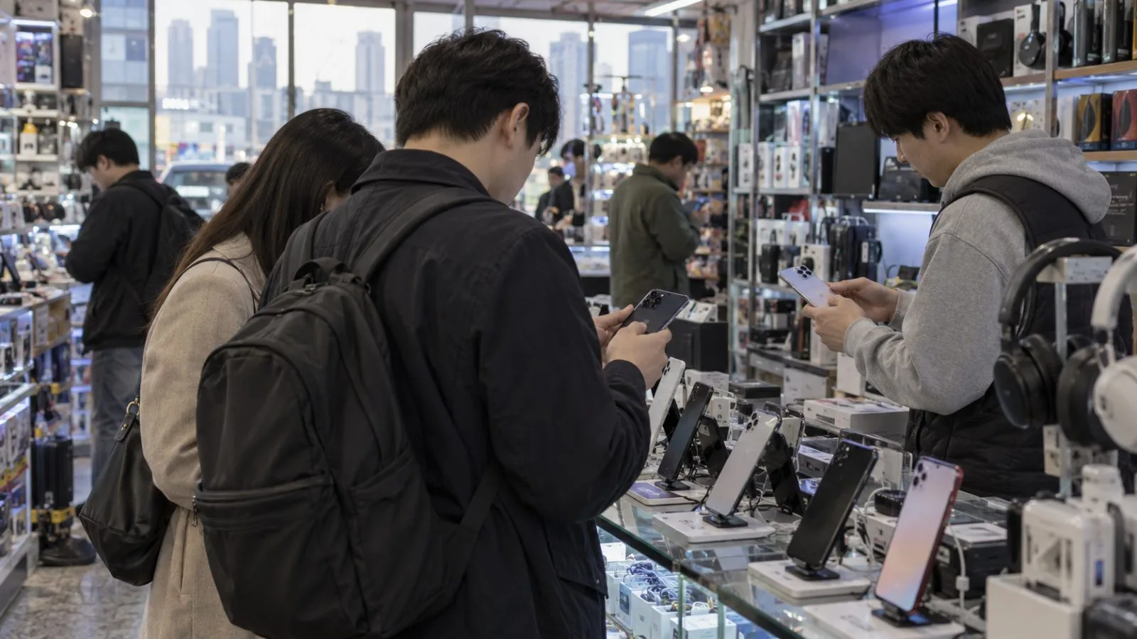 Shoppers compare smartphones at an electronics store in Seoul, South Korea. (AI-generated image / EconoTimes)
