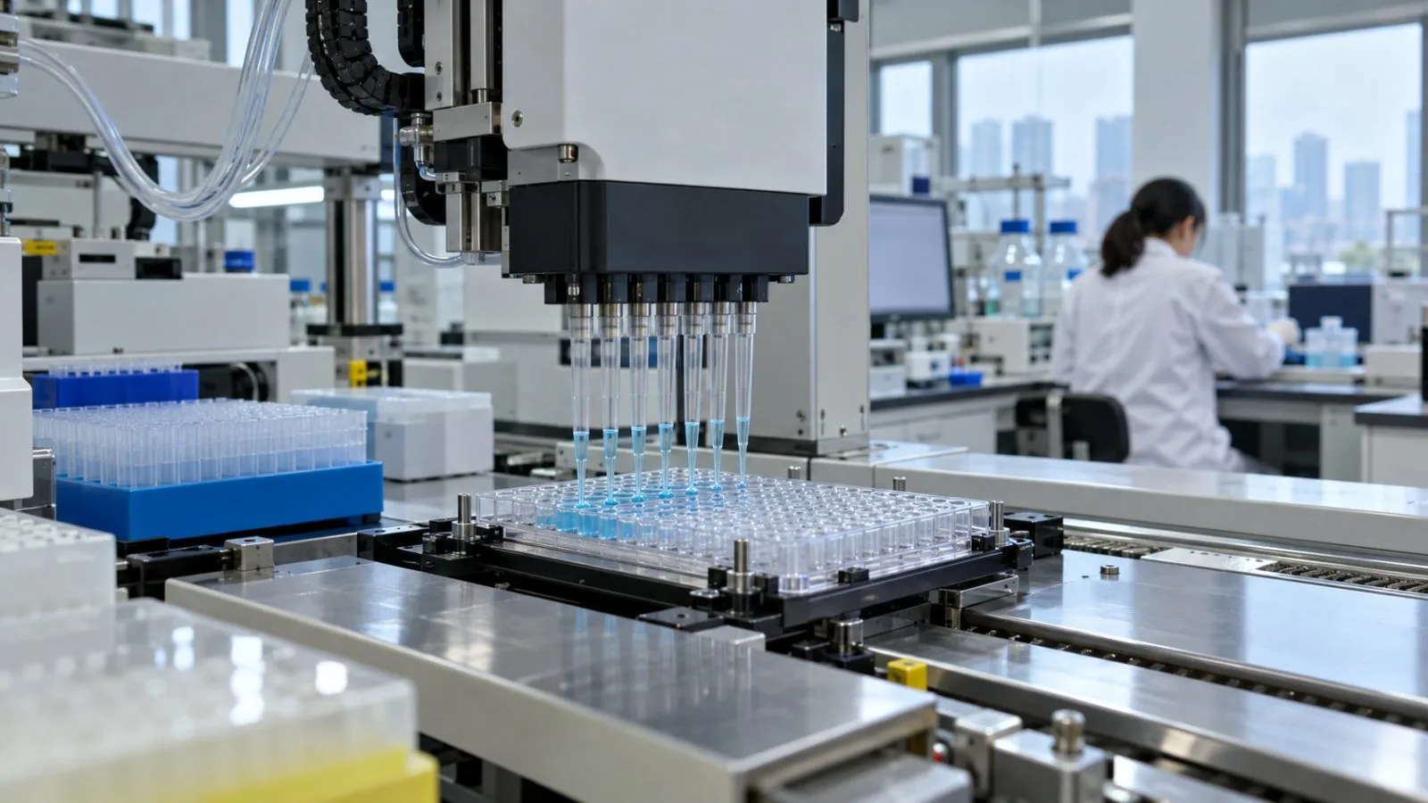 A robotic liquid handler moves an assay plate inside Megalaxy Lab in Suzhou, China. (AI-generated image / EconoTimes)