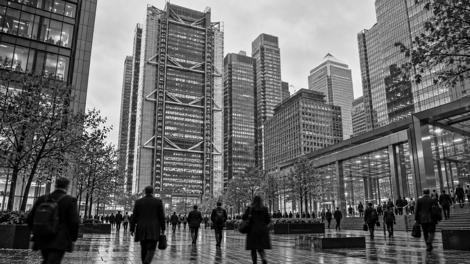 Commuters pass an HSBC office tower in London's Canary Wharf financial district. / EconoTimes.ai