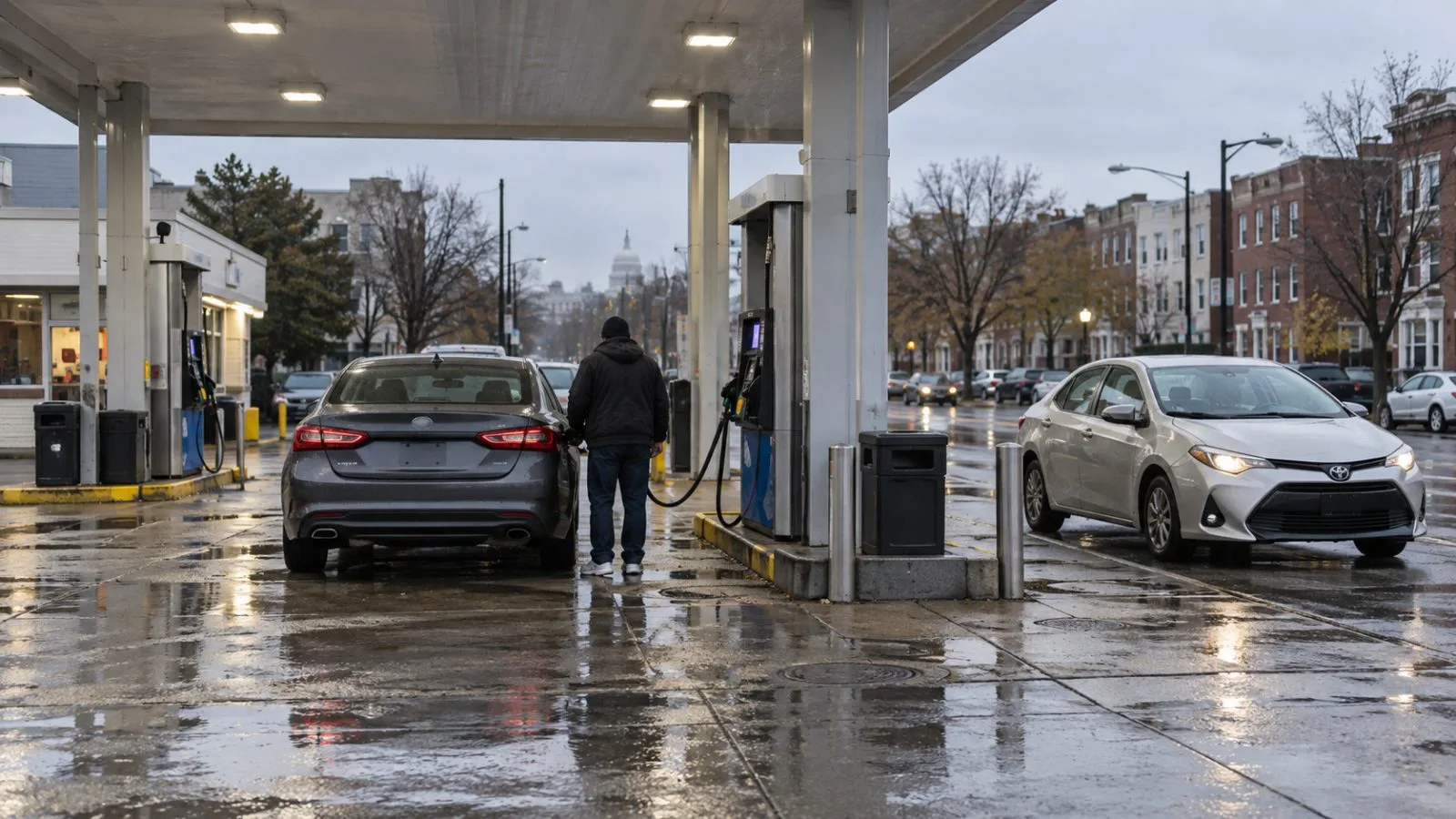 A motorist refuels at a neighborhood gas station in Washington, D.C. (AI-generated image / EconoTimes)