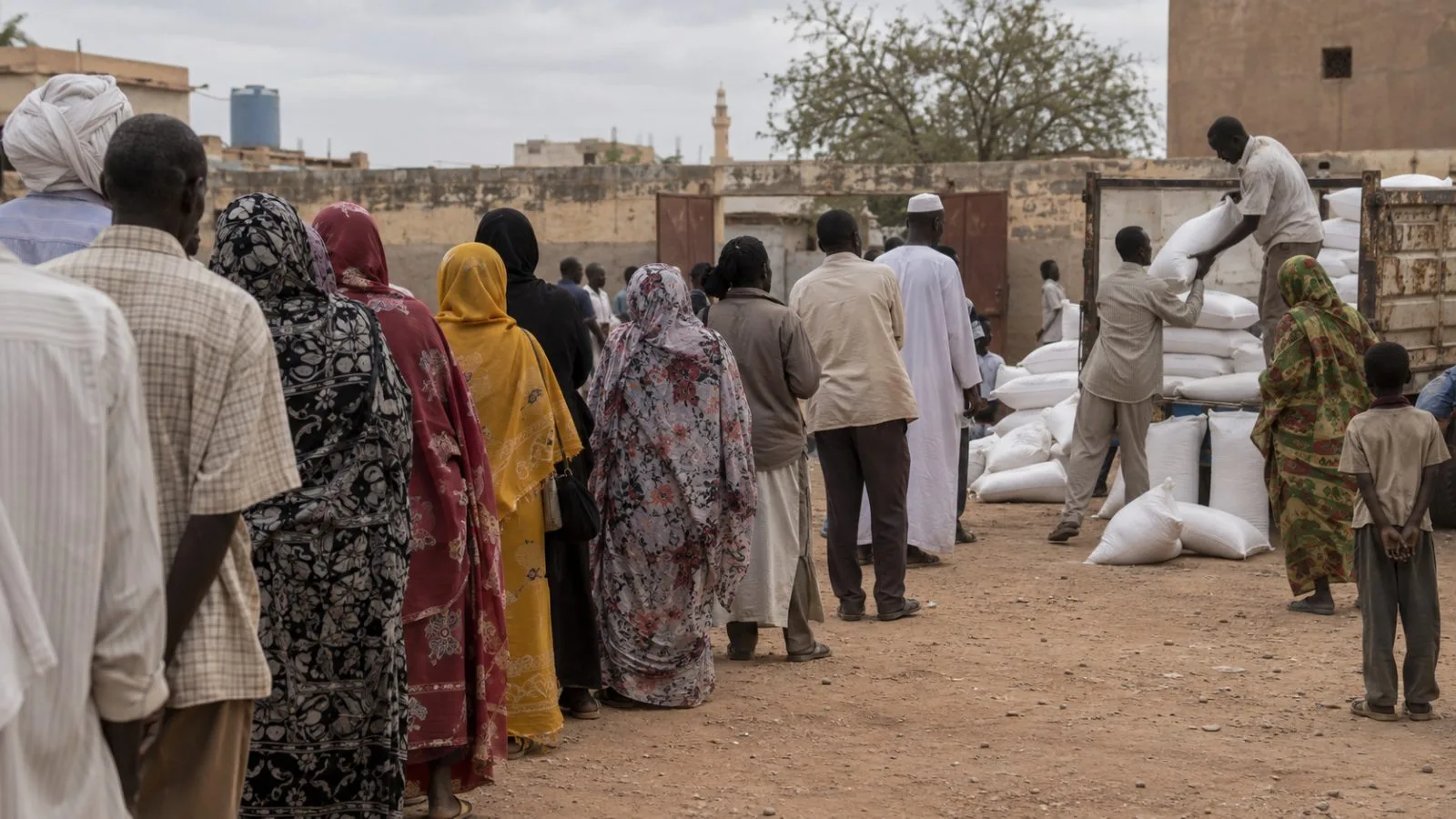 Aid workers hand sacks of grain to residents at a distribution point in El Fasher, Sudan. (AI-generated image / EconoTimes)
