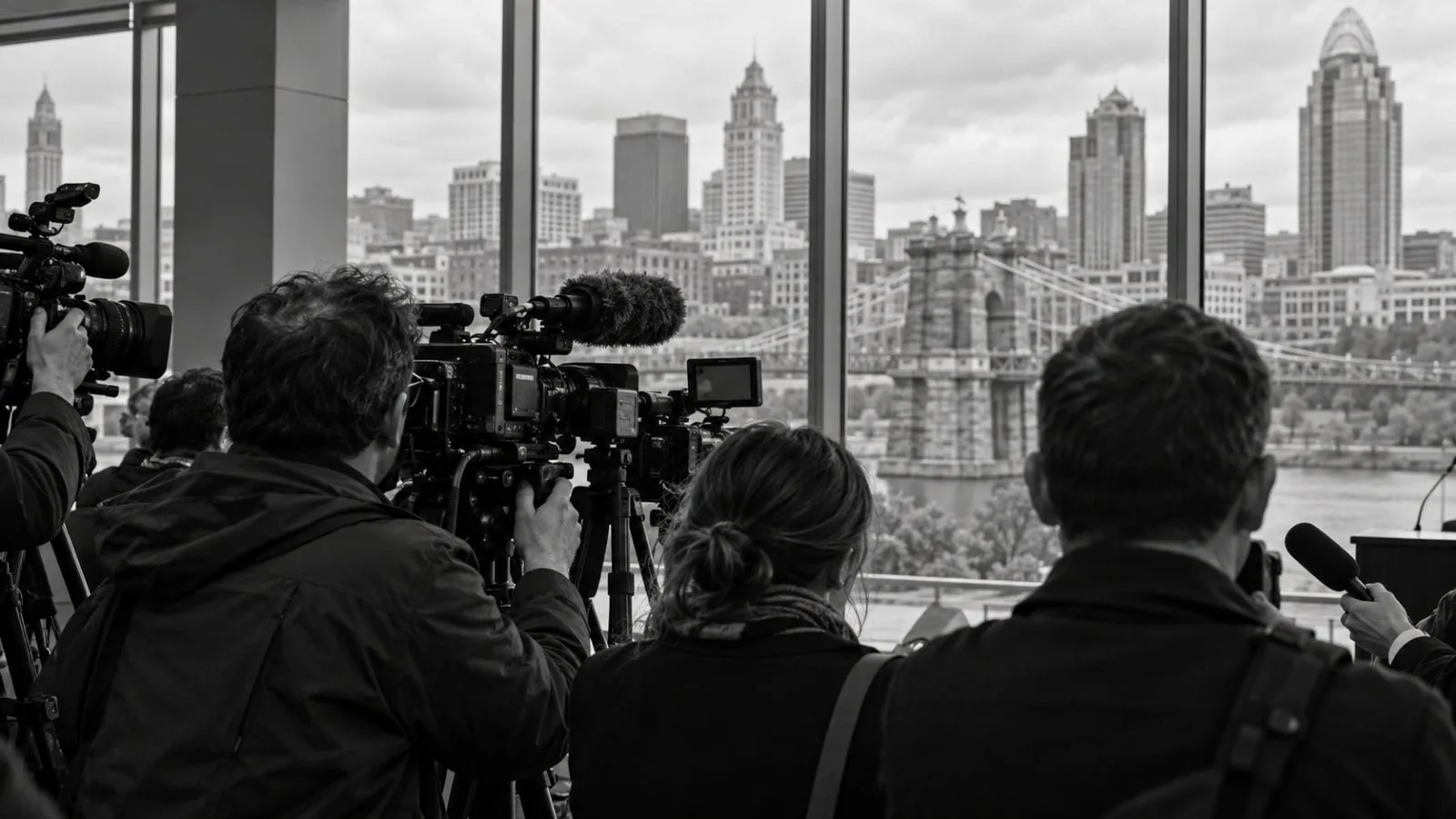 Reporters hold cameras and microphones at a news conference in Cincinnati, Ohio. (AI-generated image / EconoTimes)