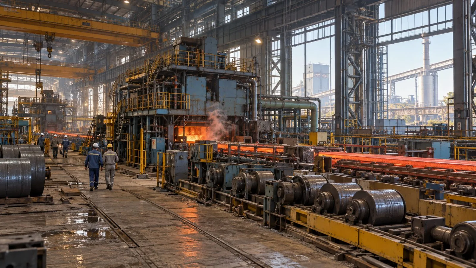 Workers inspect production machinery at a steel mill near Pen, India. (AI-generated image / EconoTimes)