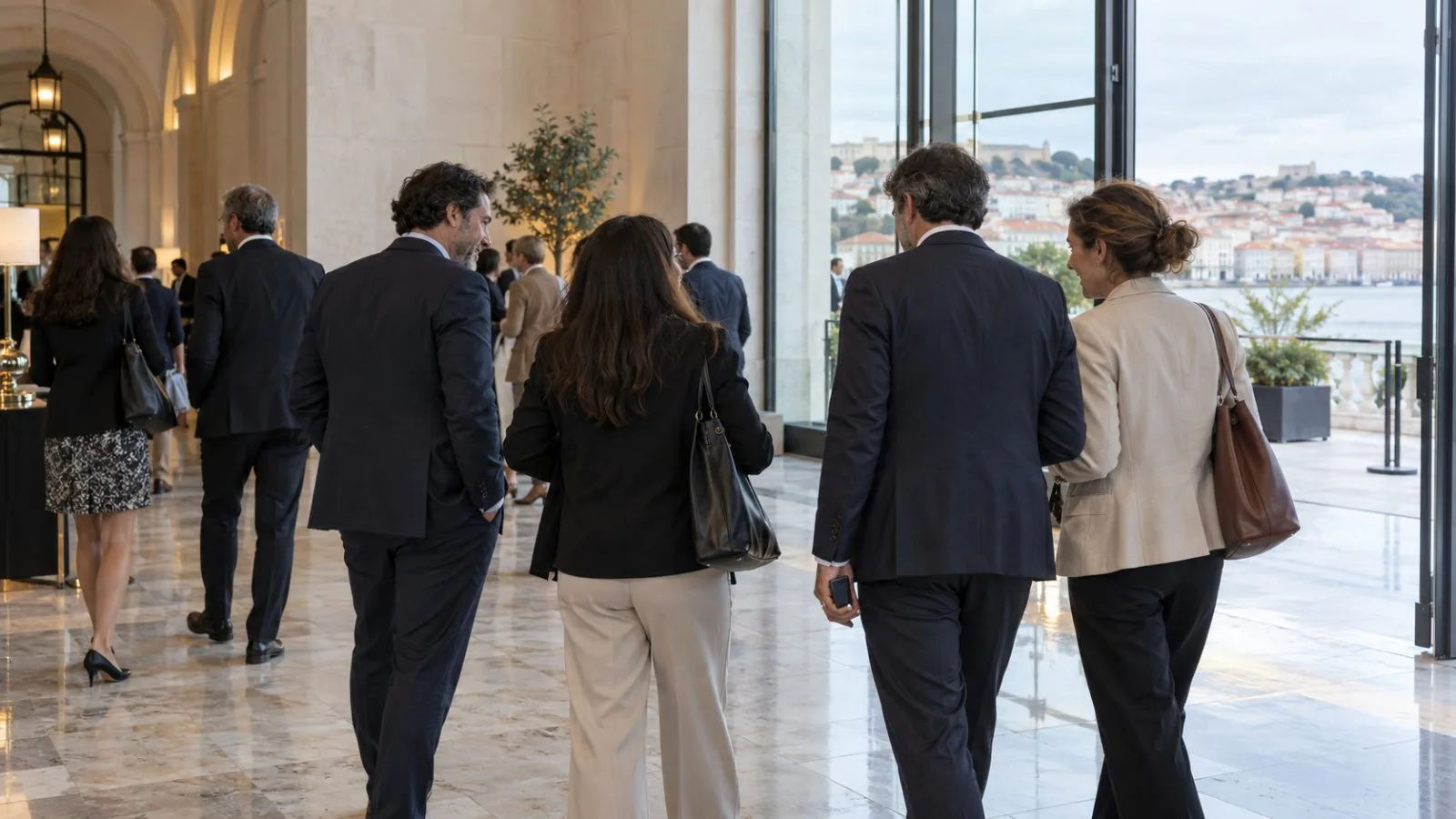 Attendees gather in a conference hallway during the Stellar Meridian event in Lisbon, Portugal (AI-generated image / EconoTimes)