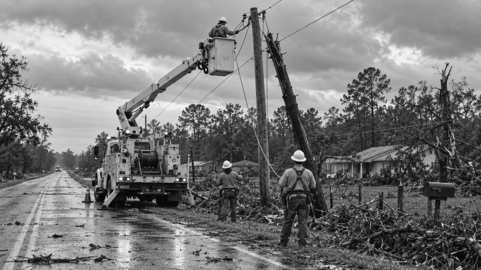 Utility crews repair storm-damaged power lines near Atmore, Alabama, after Hurricane Isaias. / EconoTimes.ai