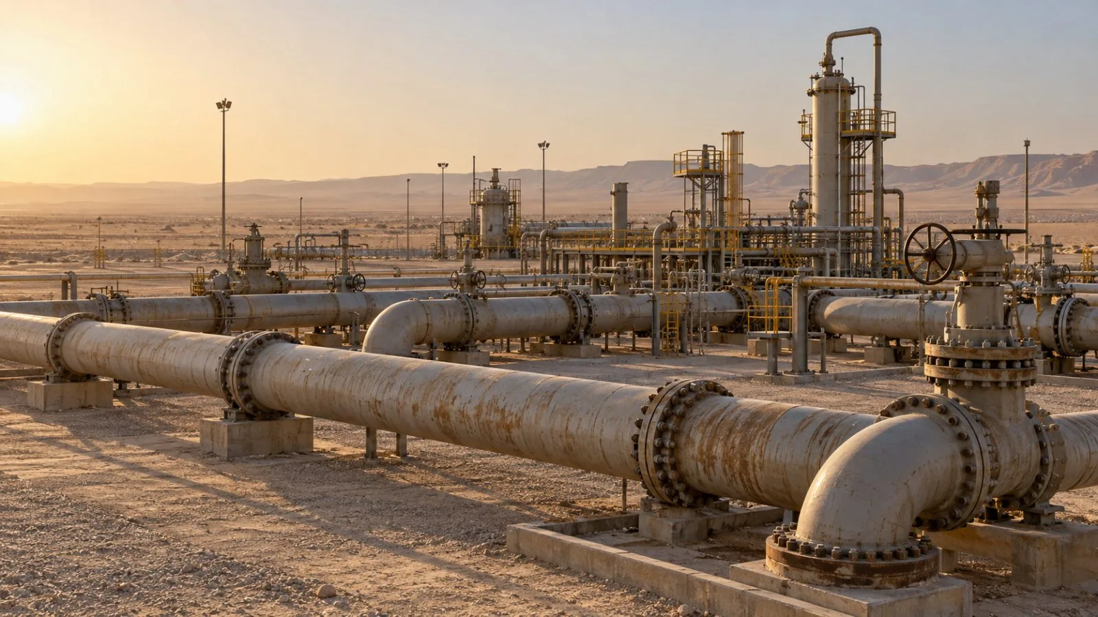 Steel pipes cross a service yard at an East-West Pipeline pumping station near Riyadh, Saudi Arabia. (AI-generated image / EconoTimes)