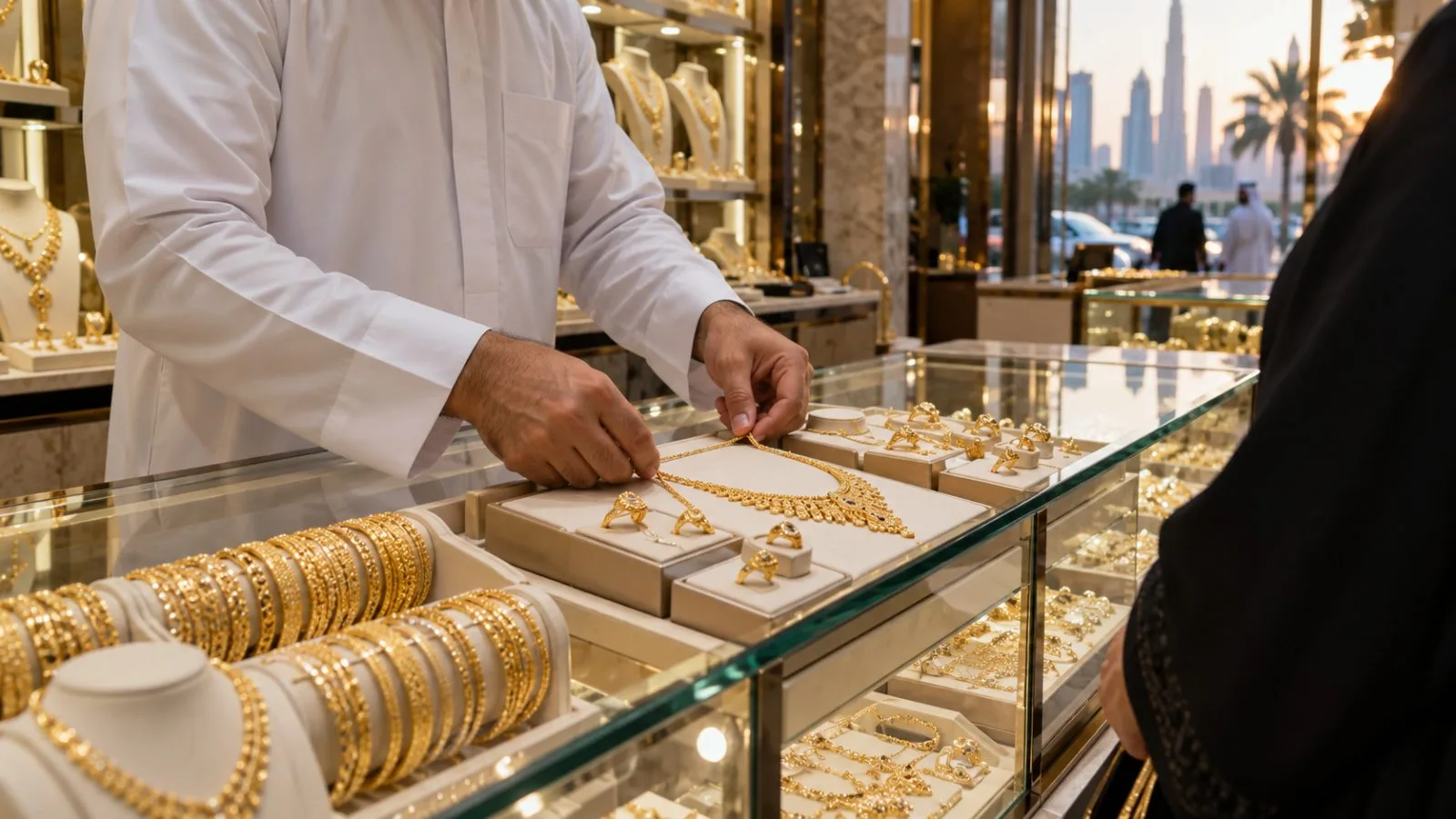 Gold necklaces and rings sit in a glass display case at a jewelry shop in Dubai, United Arab Emirates. (AI-generated image / EconoTimes)