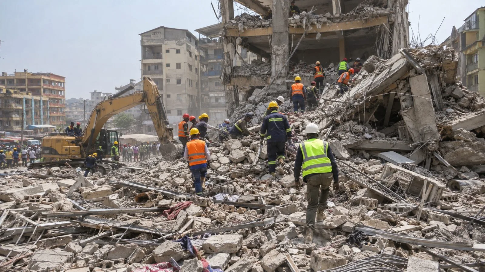 Rescue workers clear broken concrete at the site of a collapsed building in Eastleigh, Nairobi (AI-generated image / EconoTimes)