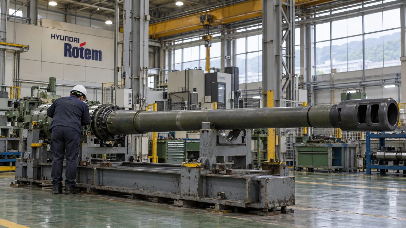 A tank gun barrel rests on an inspection cradle at a factory in Changwon, South Korea. / EconoTimes.ai