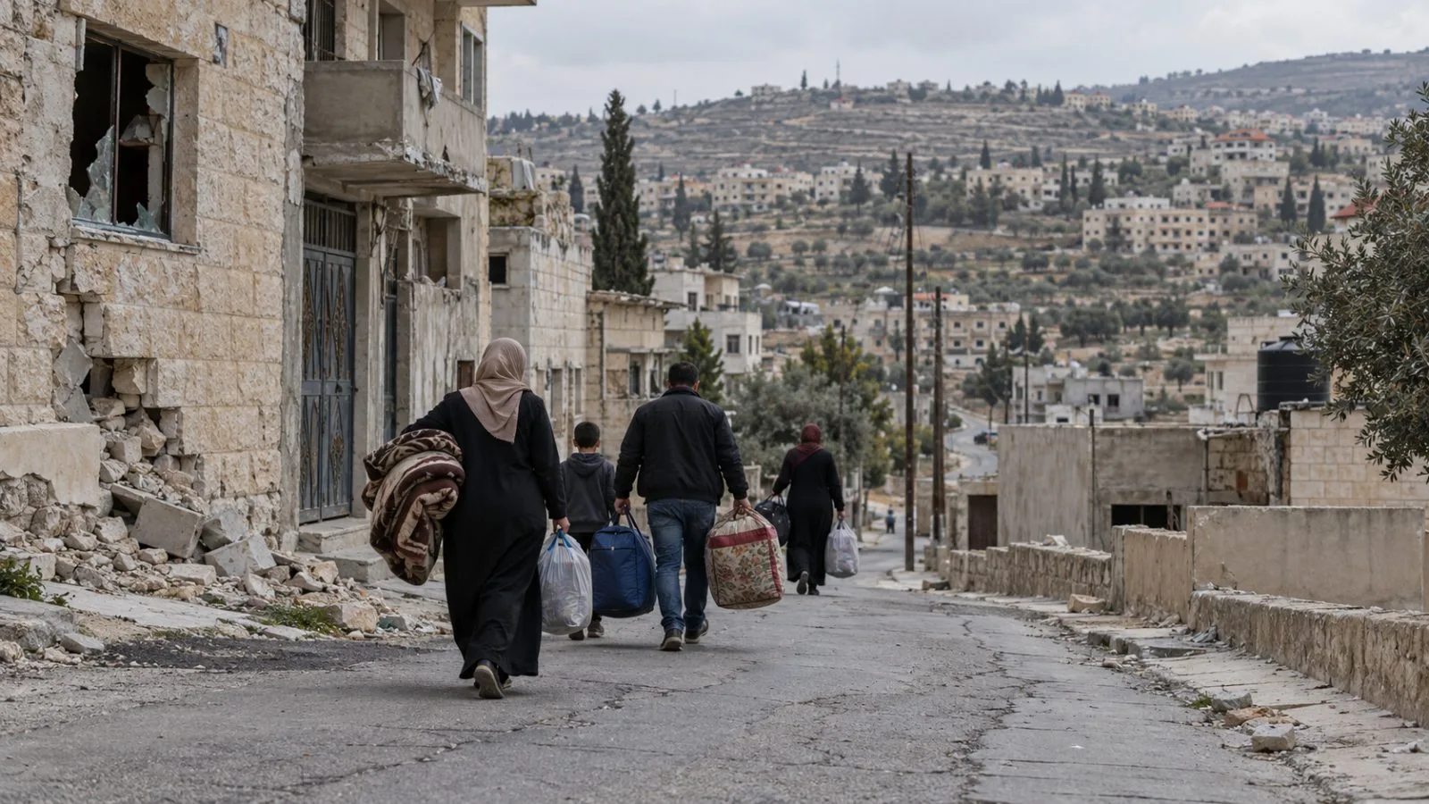 Damaged homes line a residential street in Deir Bahha, Hebron. (AI-generated image / EconoTimes)