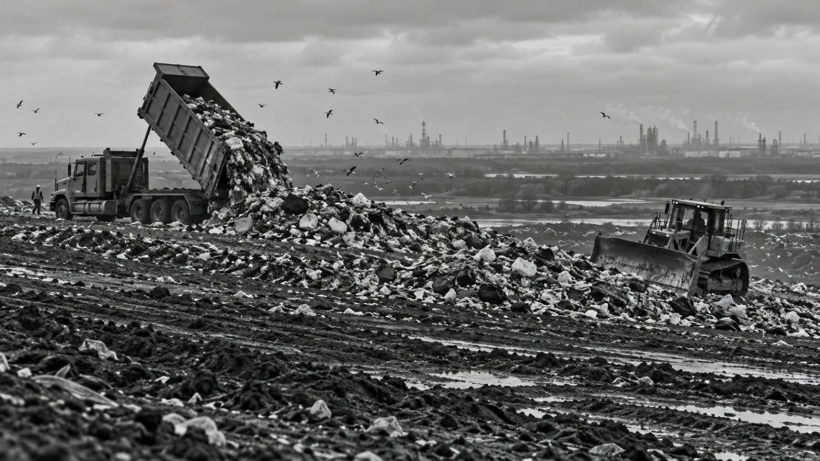 A refuse truck unloads at a working landfill near Houston, Texas. (AI-generated image / EconoTimes)