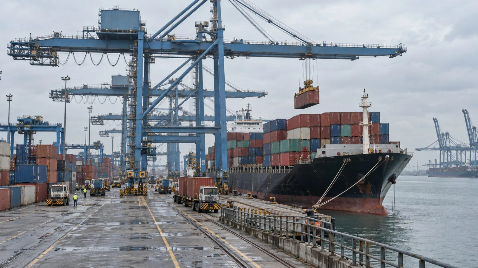 Quay cranes move containers beside a cargo ship at Port Klang in Klang, Malaysia. (AI-generated image / EconoTimes)