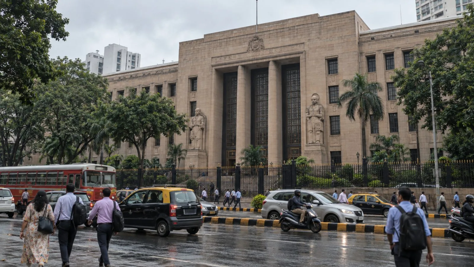 Pedestrians pass the Reserve Bank of India headquarters in Mumbai on Monday morning. (AI-generated image / EconoTimes)