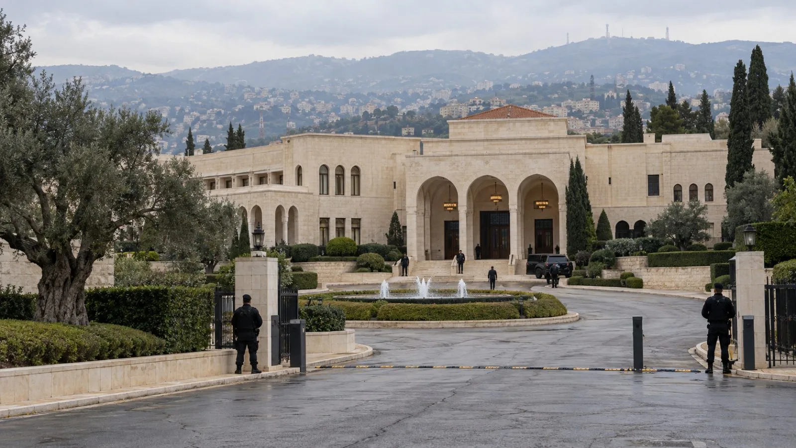 Security personnel stand outside the presidential palace in Baabda, Lebanon. (AI-generated image / EconoTimes)