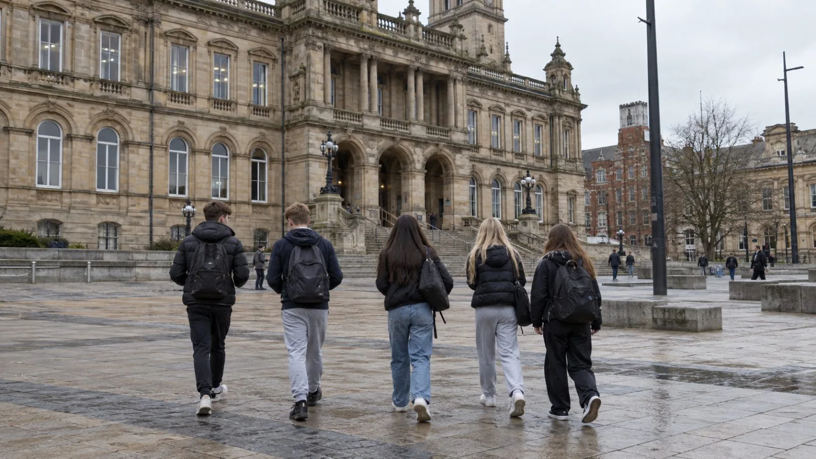Teenagers cross the square outside Middlesbrough Town Hall on an overcast afternoon. (AI-generated image / EconoTimes)