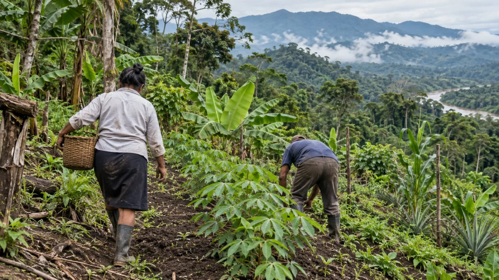 Residents tend a cultivated plot beside forest in Peru’s central Amazon. (AI-generated image / EconoTimes)