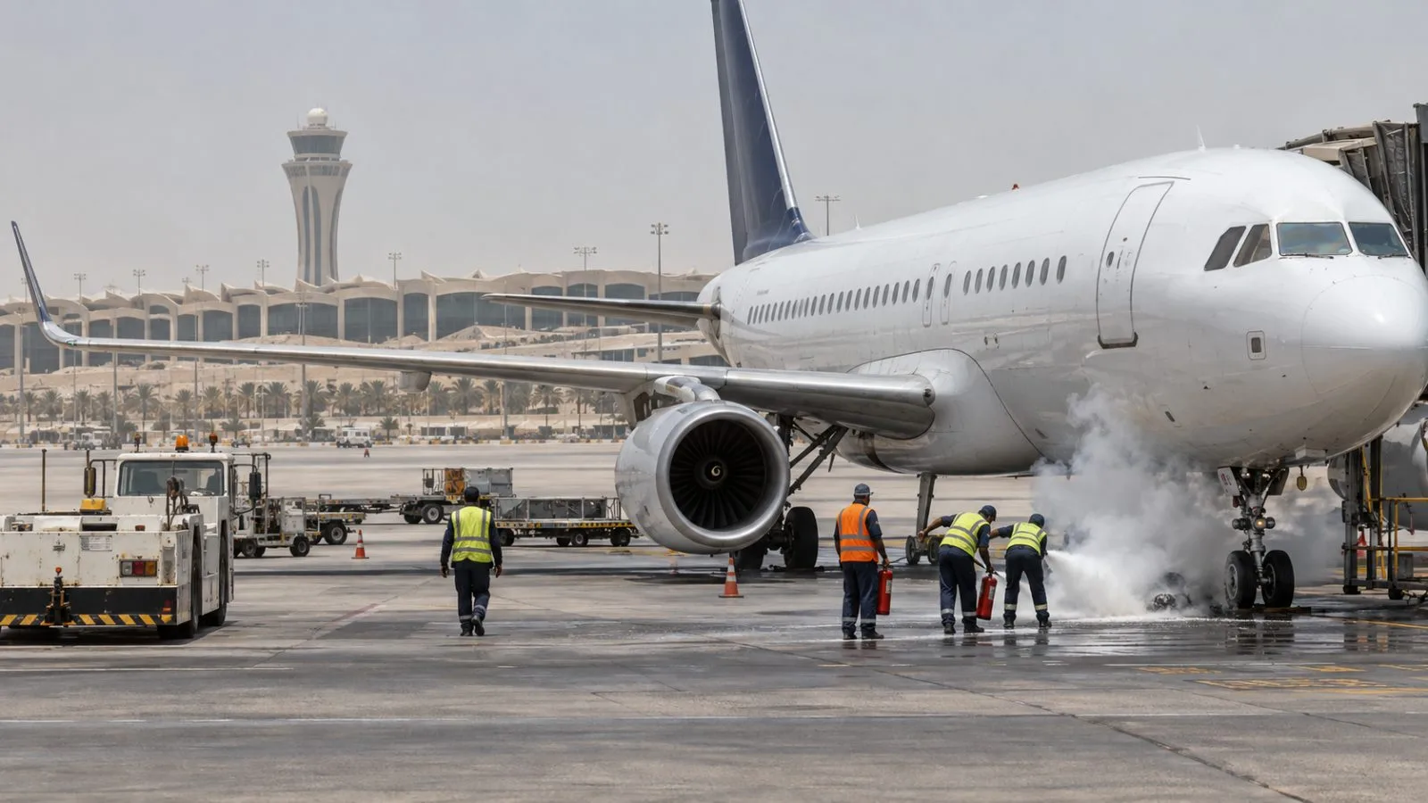 Airport workers handle portable fire extinguishers beside a passenger aircraft at King Fahd International Airport in Dammam. (AI-generated image / EconoTimes)