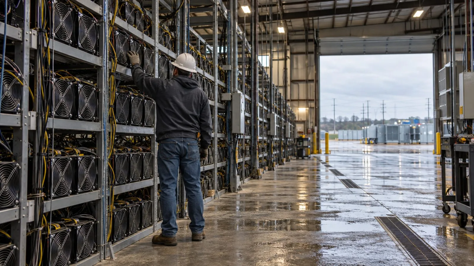 A technician checks mining equipment at a facility in Rockdale, Texas (AI-generated image / EconoTimes)
