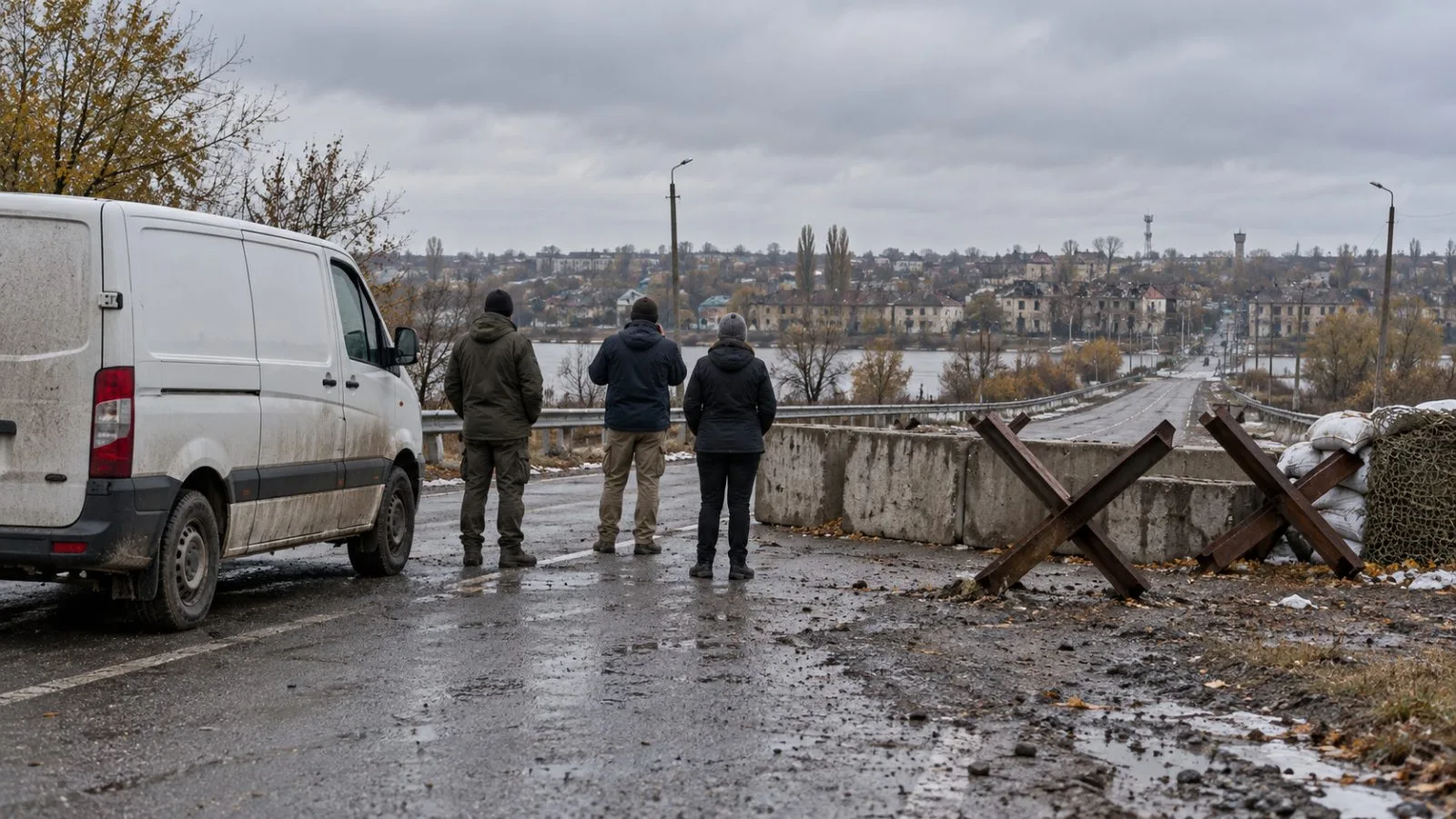 A humanitarian vehicle waits near a road barrier on the outskirts of Oleshky, Ukraine (AI-generated image / EconoTimes)