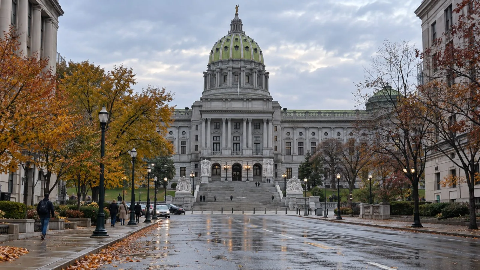 The Pennsylvania State Capitol rises above State Street in Harrisburg on an autumn afternoon. (AI-generated image / EconoTimes)