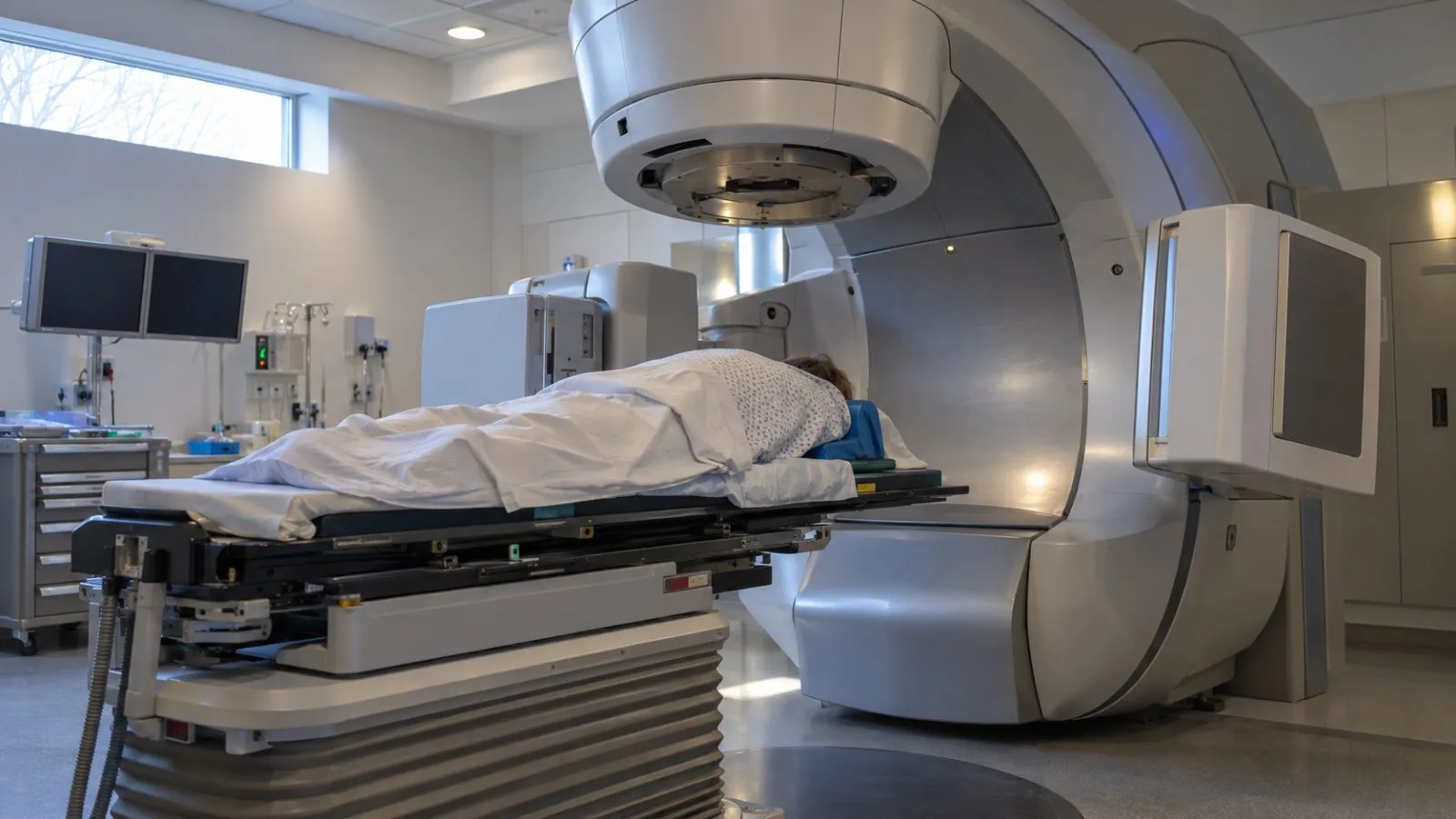 A radiation therapy machine frames an anonymous patient in a Montreal hospital treatment room. (AI-generated image / EconoTimes)