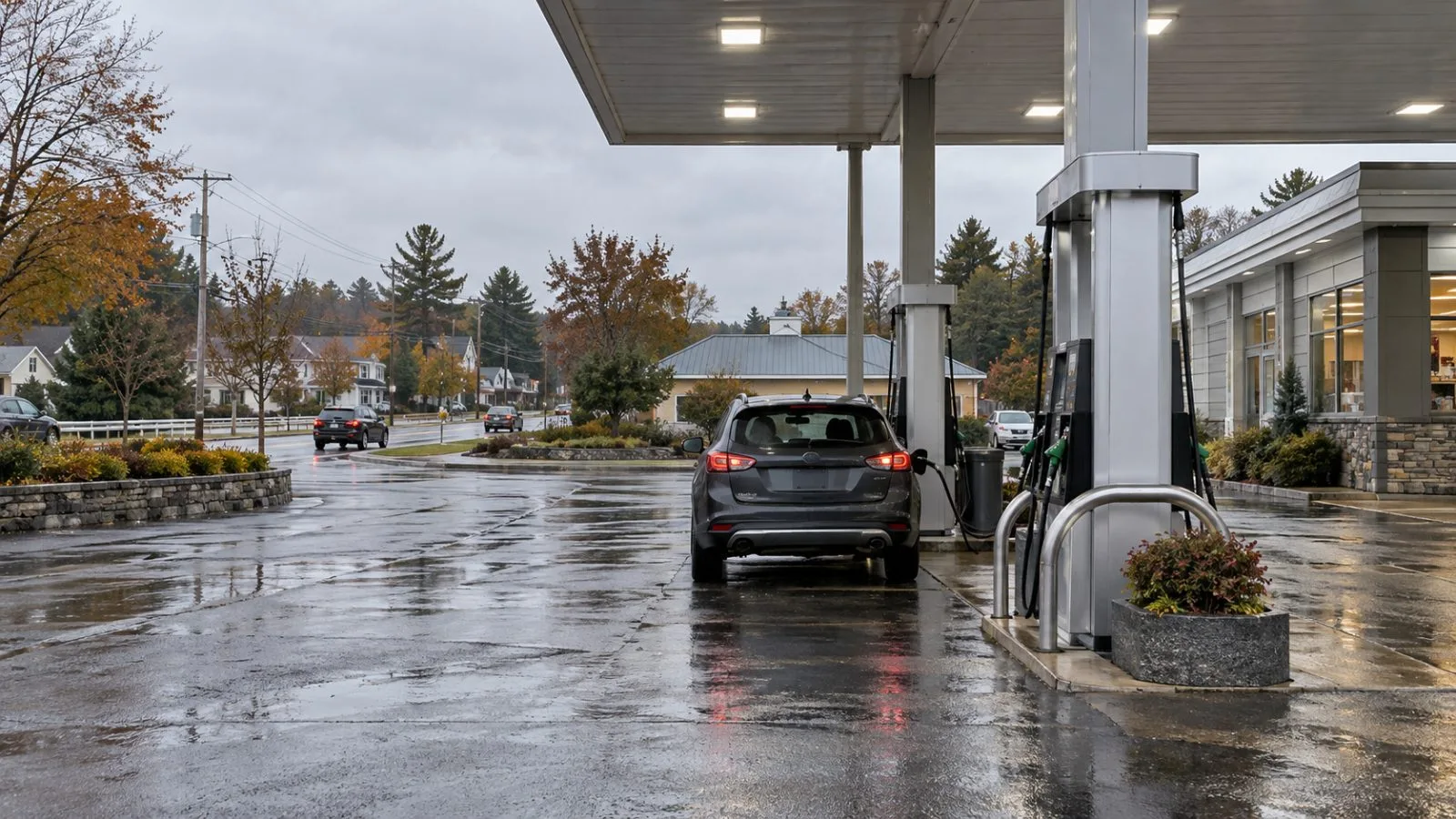 A customer fuels a car outside a convenience store in Westborough, Massachusetts. (AI-generated image / EconoTimes)