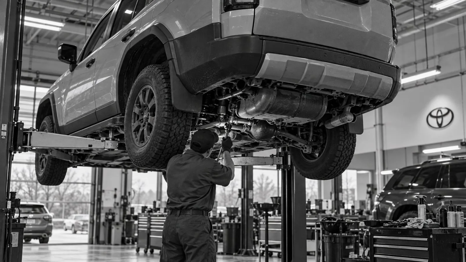 A hybrid SUV sits on a lift inside a service bay in Plano, Texas. / EconoTimes.ai