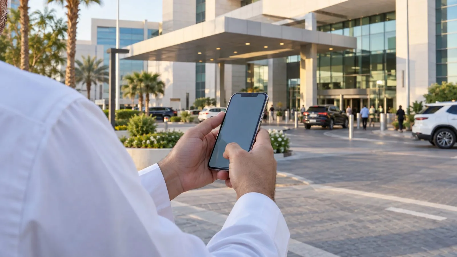 A person holds a smartphone outside a hospital in Dubai, United Arab Emirates. (AI-generated image / EconoTimes)