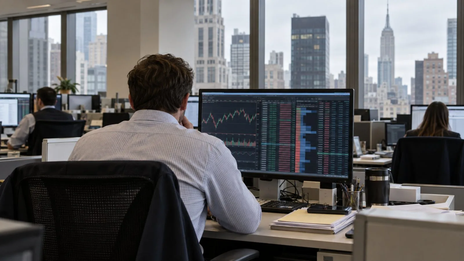 An analyst reviews a market screen in a New York City brokerage office. (AI-generated image / EconoTimes)