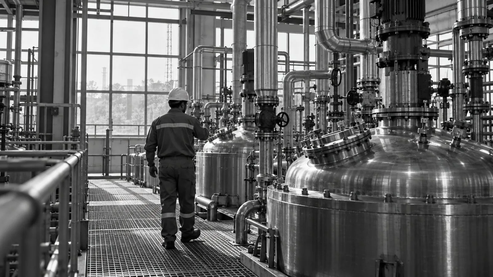 A worker inspects production vessels at an electrolyte plant in Pakhajan, Gujarat. (AI-generated image / EconoTimes)