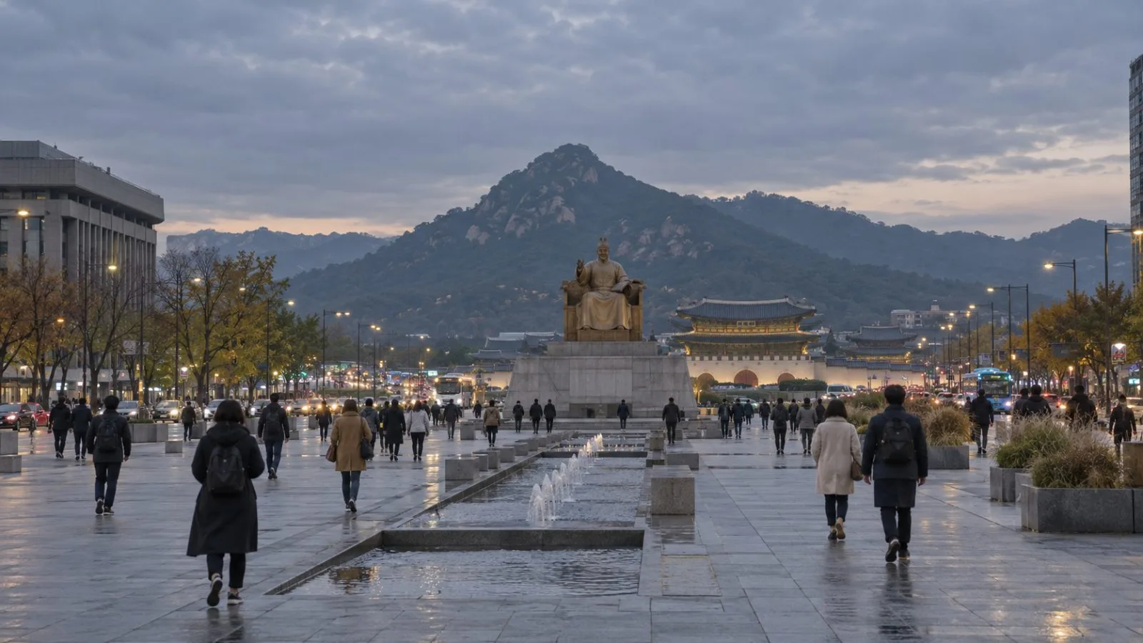 Commuters in coats cross Gwanghwamun Square on a cold autumn morning in Seoul (AI-generated image / EconoTimes)