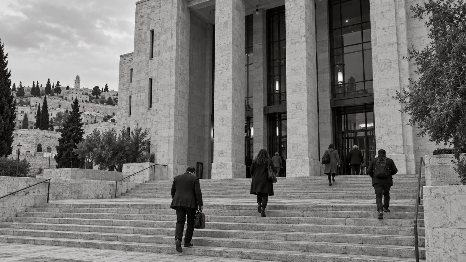 People cross the steps outside a courthouse in Jerusalem. (AI-generated image / EconoTimes)