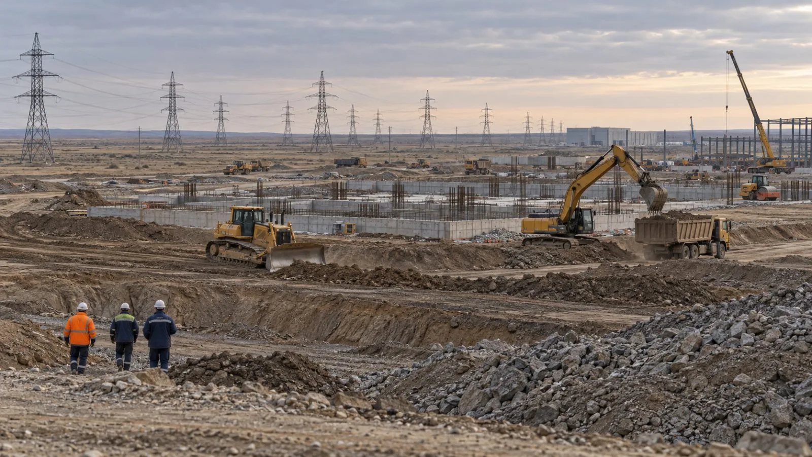 Construction continues at a data-center site near Almaty, Kazakhstan, beneath an overcast sky. / EconoTimes.ai