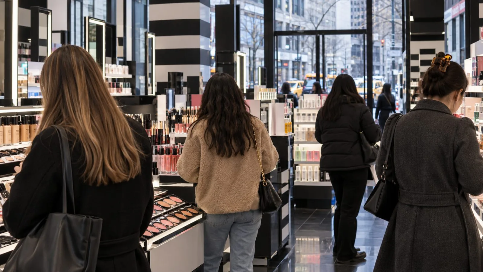Shoppers browse cosmetics displays inside a beauty store in New York City. (AI-generated image / EconoTimes)