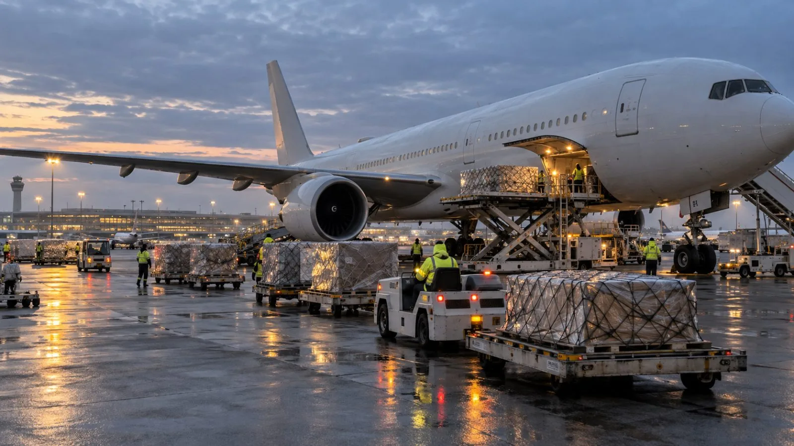 Ground crews move palletized freight beside a passenger jet at Chicago O’Hare International Airport. (AI-generated image / EconoTimes)